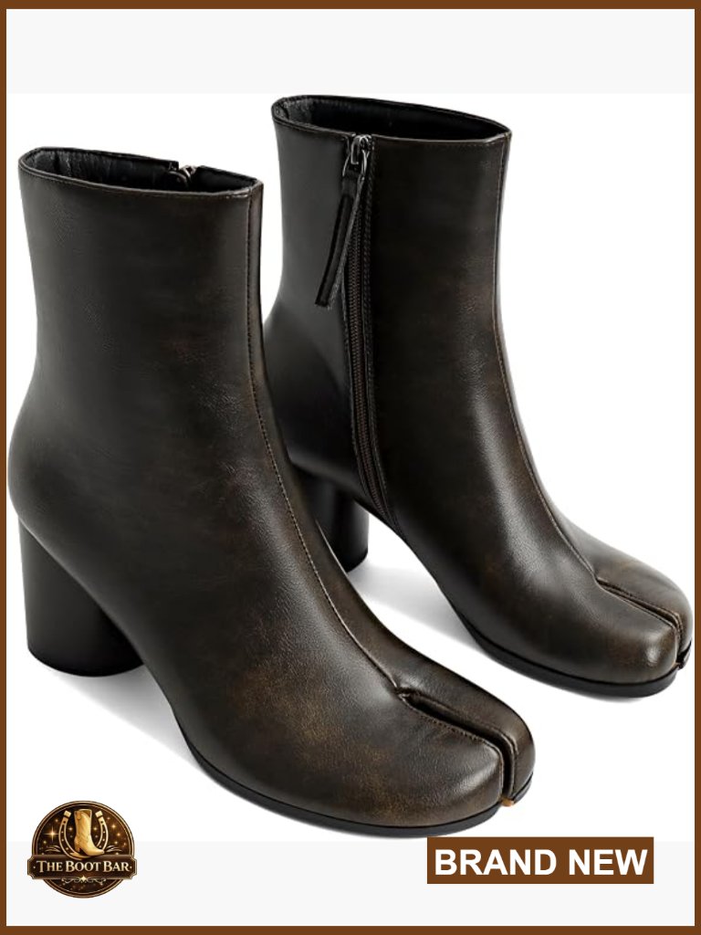 Women's Split Toe Ankle Boots Chunky Block Heel Side Zip Retro Booties